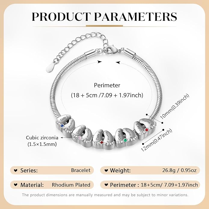 Jeweidea Personalized Foot Charm Birthstone Bracelet – Custom Engraved Bracelet with 1–5 Foot Charms, Name and Date Engraving, Meaningful Jewelry Gift for Mom Wife