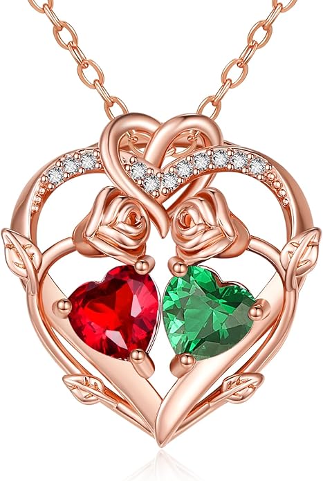 Rose Gold Necklaces for Women Double Birthstone Rose Flower Heart Pendant Necklace Jewelry Anniversary Christmas Valentine's Mother's Day Birthday Gift for Wife Mom Her Girlfriend Sister