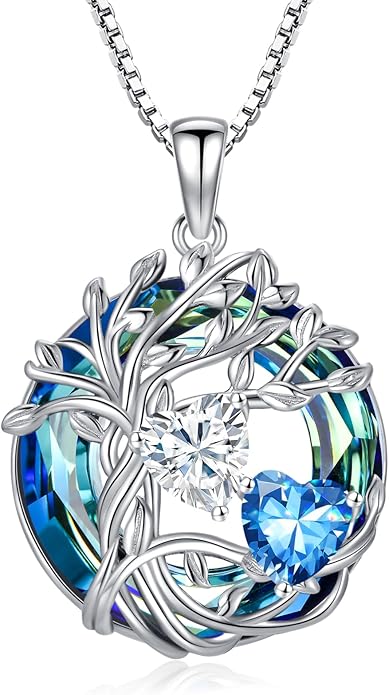 TOUPOP s925 Sterling Silver Family Celtic Tree of Life Pendant Necklaces with 2 Heart Birthstone with Blue Austrian Crystal Jewelry Birthday Anniversary Christmas Gifts for Her Wife Girlfriend Mom (18K Real White Gold Filled)