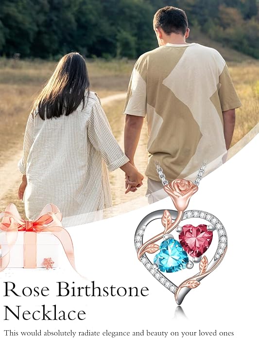 Christmas Gifts for Women Rose Heart Birthstone Pendant Necklace I Love You Forever Jewelry Valentine Mothers Day Birthday Gifts for Women Her Wife Girlfriend