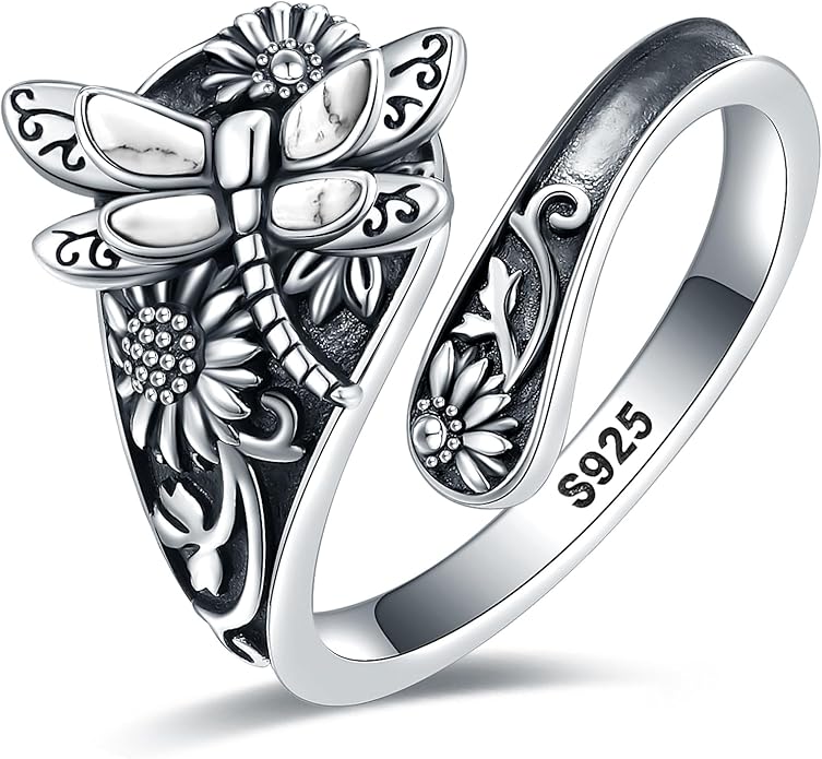S925-Sterling-Silver Abalone Dragonfly-Turquoise Spoon Ring - Vintage Boho Sunflower Thumb Oxidized Wrap Rings Victorian Style Antique Floral Jewelry Gifts for Women