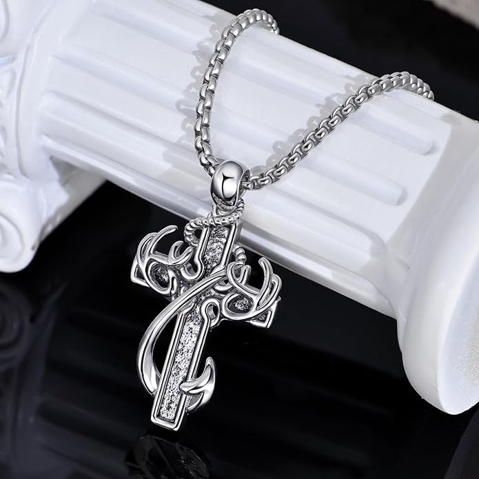 CCmfgjew Christmas Gifts Cross Necklace for Men Stainless Steel Fish Hook Pendant Antler Necklace Hunting Jewelry Gifts for Father Husband Brother 22+2”