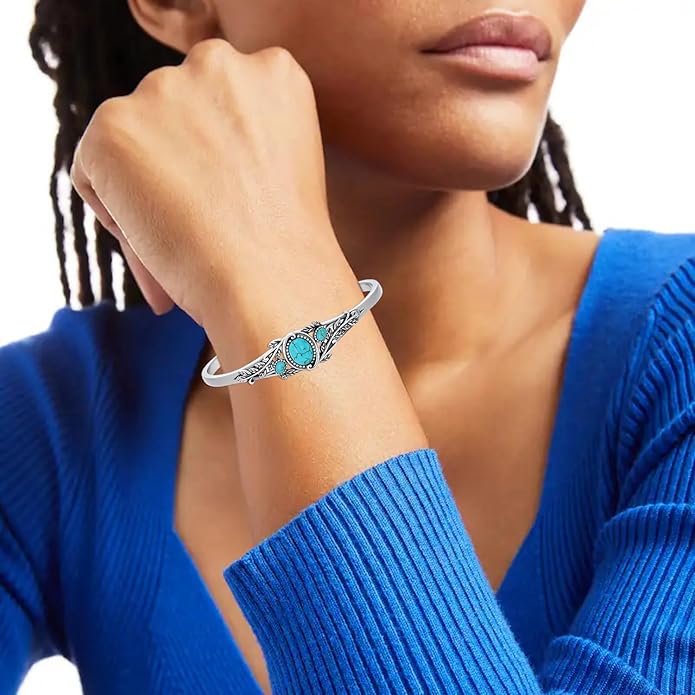 Genuine Turquoise Leaf Boho Bracelet, Sterling Silver Native American Adjustable Bangle Cuff Jewelry for Women, Fit for 6.5 7 7.5 Inches