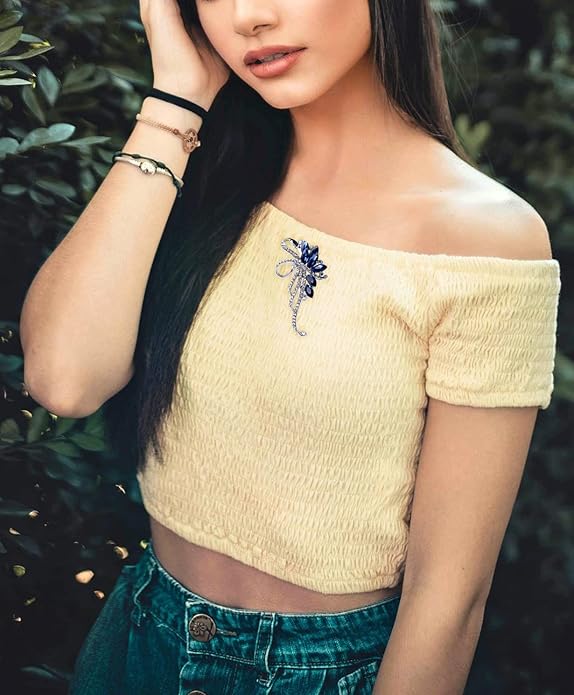 Blue Crystal Brooch Pins Fancy Vintage Style Rhinestone Flower Brooches Jewelry Gift for Women, girls, ladies