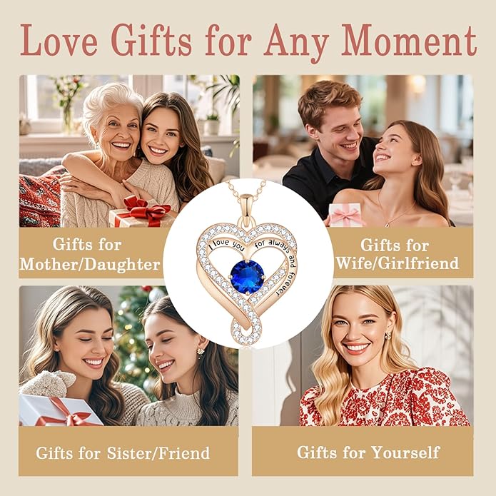 Birthstone Heart Necklaces for Women, Infinity Pendent S925 Sterling Silver Jewelry for Women, Wedding Anniversary, Birthday Mother’s Day Gifts for Mom, Mother, Wife, Girlfriend