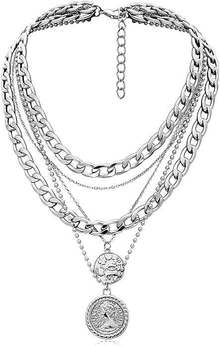 MJartoria Layered Necklaces for Women Trendy Retro Coin Pendant Necklace Dainty Chunky Chain Choker Necklaces for Jewelry Birthday Gifts