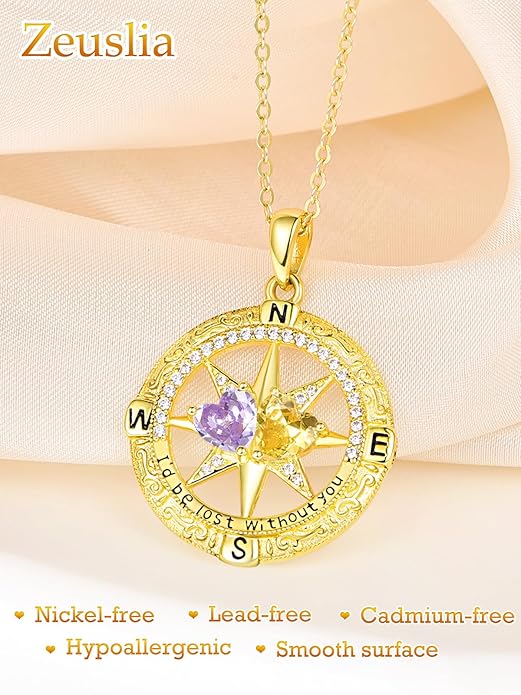 Zeuslia Double Birthstone Necklace Gifts for Wife - 925 Sterling Silver Sunflower/Rose/Crown Cross/Compass/Heart Pendant I Love You Necklace, Anniversary Birthday Gifts for Wife Girlfriend Mom Her