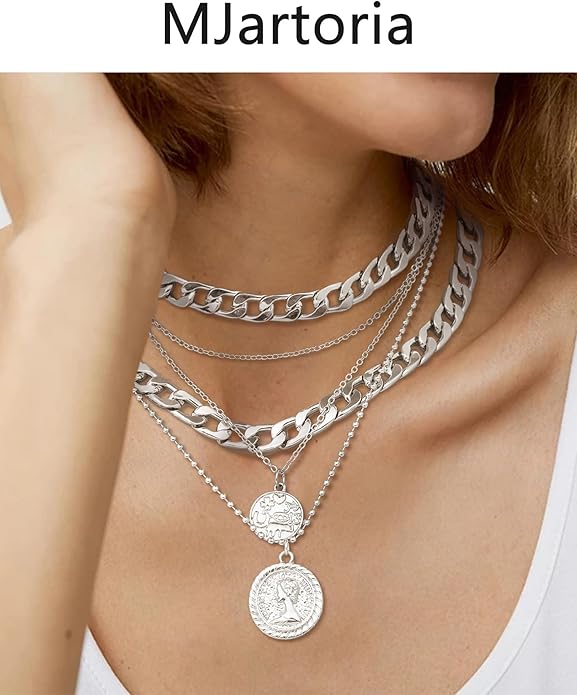 MJartoria Layered Necklaces for Women Trendy Retro Coin Pendant Necklace Dainty Chunky Chain Choker Necklaces for Jewelry Birthday Gifts