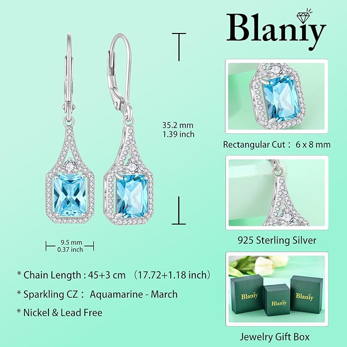 Emerald Cut Dangle Drop Earrings 925 Sterling Silver Halo Rectangular Leverback Earrings Birthstone Jewelry for Women