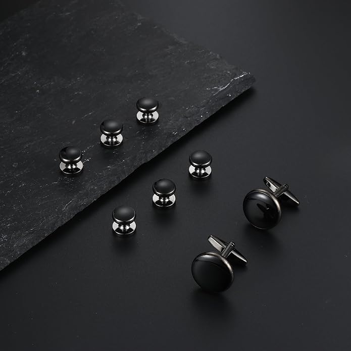 ORAZIO Cuff Links Mens Stainless Steel Cuff Links and Studs Set Gold Black Cufflinks for Men Tuxedo Studs Buttons for Formal Kit Business or Wedding Shirts