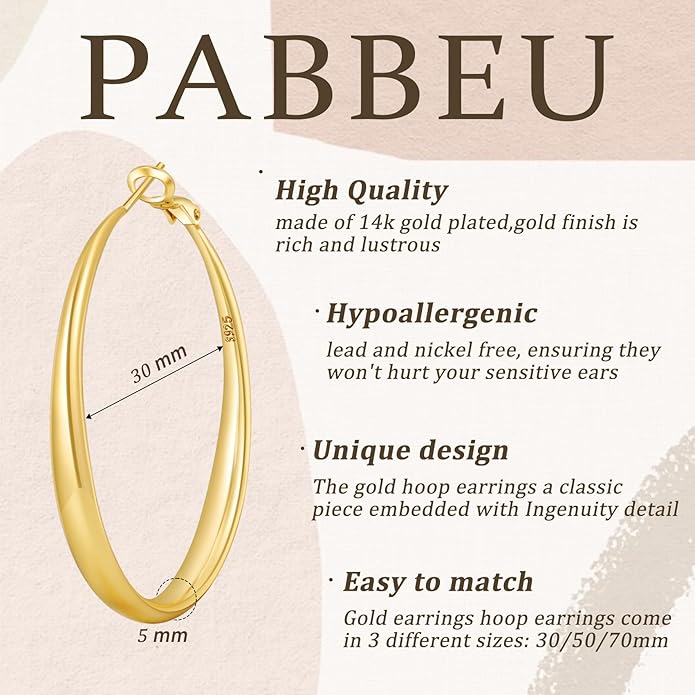 PABBEU S925 SterlingSilver Hoop Earrings Hypoallergenic Silver Hoop Earrings for Women Lightweight Large Sterling Silver Hoops Earring 30/50/70mm