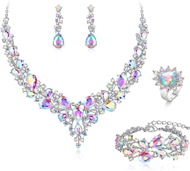 BriLove Wedding Bridal Jewelery for Women Austrian Crystal Teardrop Cluster Statement Necklace Dangle Earrings Link Bracelet Set