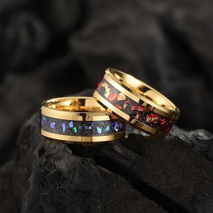 Men's 8mm Black/Gold Tungsten Carbide Wedding Ring Nebula Galaxy Wedding Promise Gold Foil Inlay Real Meteorite Matte Bevel Comfort Fit