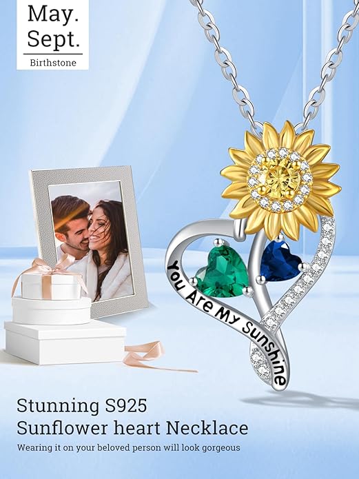 Zeuslia Double Birthstone Necklace Gifts for Wife - 925 Sterling Silver Sunflower/Rose/Crown Cross/Compass/Heart Pendant I Love You Necklace, Anniversary Birthday Gifts for Wife Girlfriend Mom Her