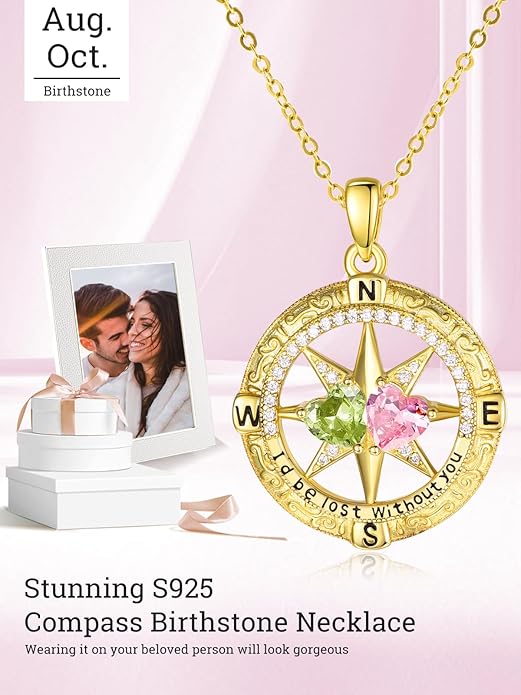 Zeuslia Double Birthstone Necklace Gifts for Wife - 925 Sterling Silver Sunflower/Rose/Crown Cross/Compass/Heart Pendant I Love You Necklace, Anniversary Birthday Gifts for Wife Girlfriend Mom Her