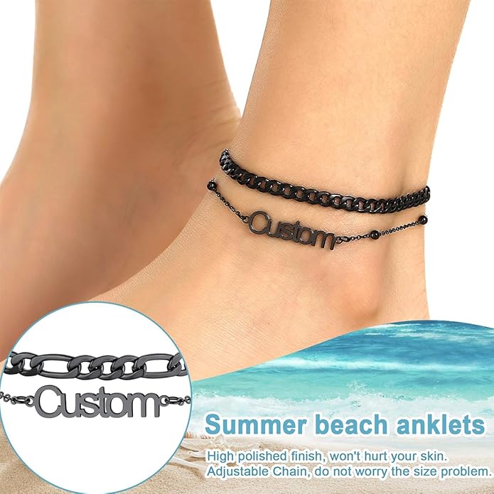 U7 Custom Layered Ankle Bracelets for Women Stainless Steel Bead/Cuban/Figaro/Rope/Wheat Chain Anklet Waterproof Anklet Jewelry for Beach Vacation