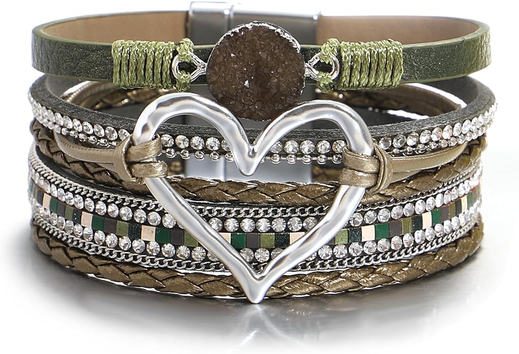 Leather Wrap Bracelet for Women Beaded Cuff Bracelet with Heart-shape Decor Bohemian Crystal Bracelet Jewelry with Clasp Bangle Bracelet for Women Girls Birthday Holiday Gift