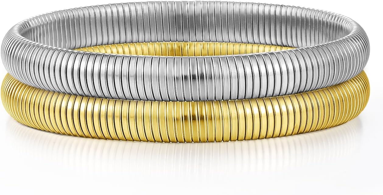 Emibele Gold Bangles Bracelet Set for Women, 18K Gold Plated Chunky Stainless Steel Non Tarnish Stretch Bracelet Stack, Flexible Wide Wristband Bangle Layered Snake Chain Bracelets