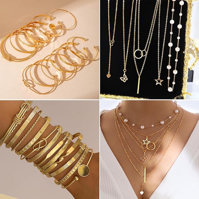 IFNODO 46Pcs Gold Jewelry Set for Women with 5 Necklace, 12 Bracelet, 5 Hoop Earrings, 15 Stud Earrings and 9 Rings Jewelry Set For Gifts for Women.