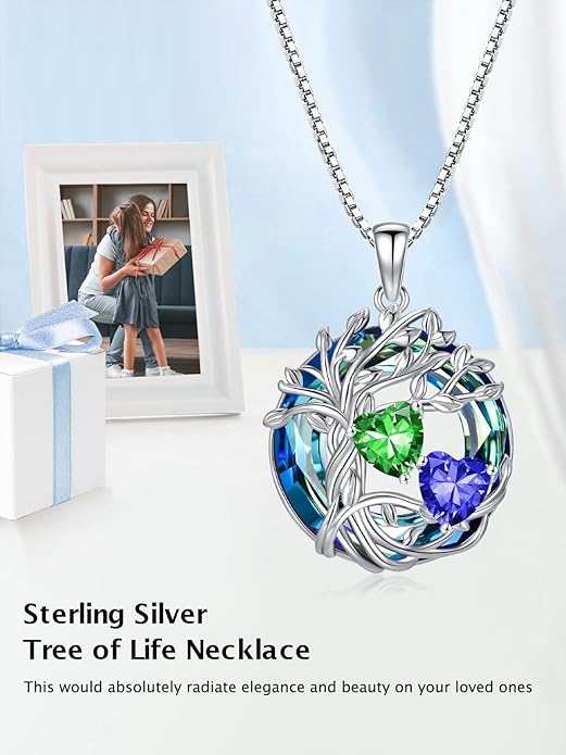 TOUPOP s925 Sterling Silver Family Celtic Tree of Life Pendant Necklaces with 2 Heart Birthstone with Blue Austrian Crystal Jewelry Birthday Anniversary Christmas Gifts for Her Wife Girlfriend Mom (18K Real White Gold Filled)