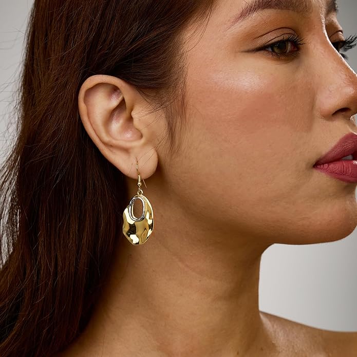 Hefanny Large Hammered Teardrop Dangle Earrings Geometric Chunky Flower Earrings Women's Trendy Statement Jewelry Multiple Styles