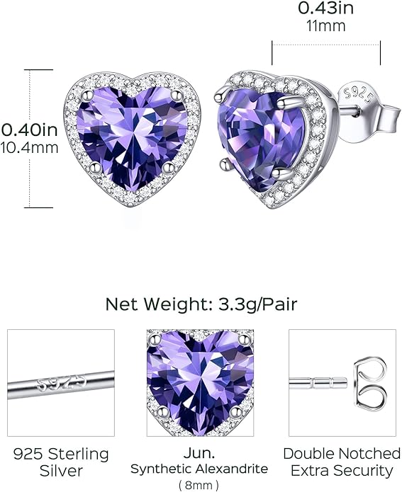ChicSilver 925 Sterling Silver Birthstone Earrings for Women, 8MM/2 Carat Heart & Round Cubic Zirconia Stud Earrings, Hypoallergenic Jewelry, Ideal Birthday or Christmas Gifts