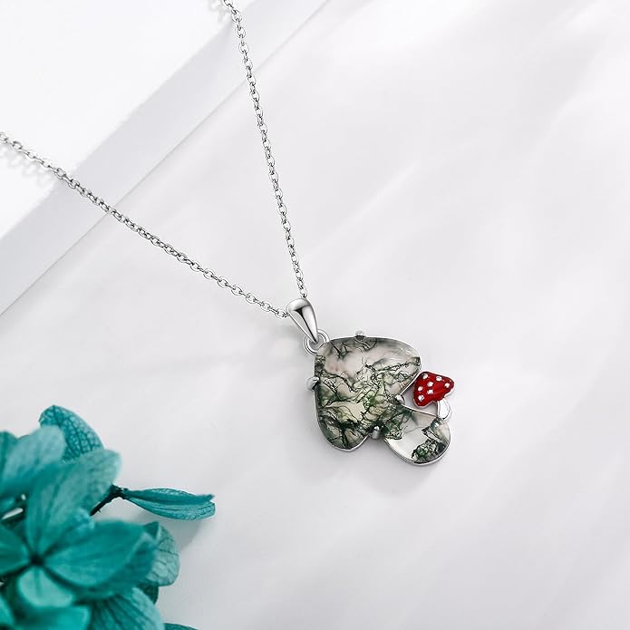 YAFEINI Mushroom Necklace Moonstone/Moss Agate/Malachite/Labradorite/Turquoise/Amber/Larimar/Black Onyx/Lapis Lazuli/Peridot/Opal Sterling Silver Mushroom Pendant Mother's Day Jewelry for Women Mom