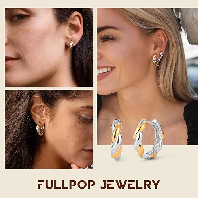 Fullpop Gold Earrings Set for Women Trendy, 18k Gold and Silver Stackable Huggie Hoop Earrings Statement Earrings for Women Trendy Small Gold Hoops Waterproof Non Tarnish Jewelry Gifts for Her