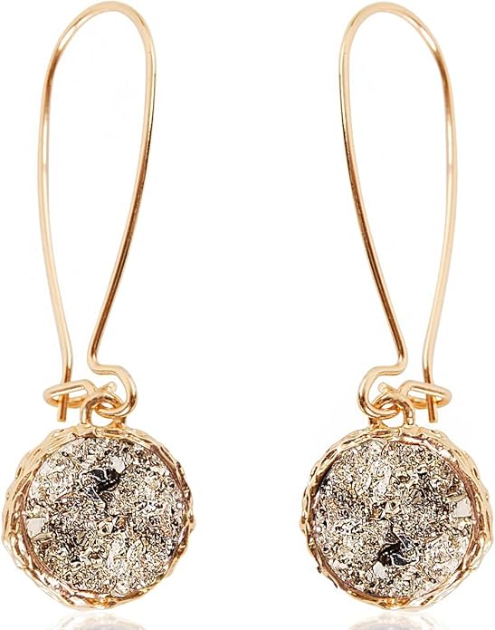 Simulated Druzy Threader Drop Earrings for Women - Gold, Silver, or Rose Gold Tone Trendy Boho Dangles with Sparkly Round Stone