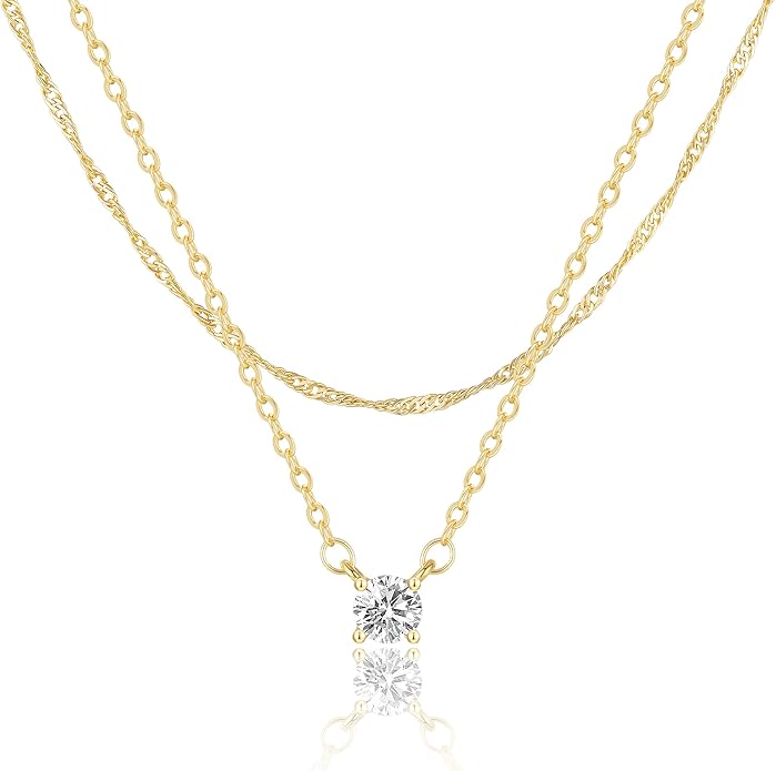 Layered Gold Necklace for Women Trendy 14K Gold Plated Heart CZ Pendant Layered Gold Necklaces Set Coin Choker Necklaces Simple Circle Cubic Zirconia Pearl Necklace Stack Herringbone Paperclip Chain Jewelry Set