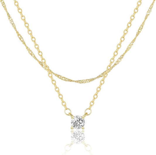 Layered Gold Necklace for Women Trendy 14K Gold Plated Heart CZ Pendant Layered Gold Necklaces Set Coin Choker Necklaces Simple Circle Cubic Zirconia Pearl Necklace Stack Herringbone Paperclip Chain Jewelry Set