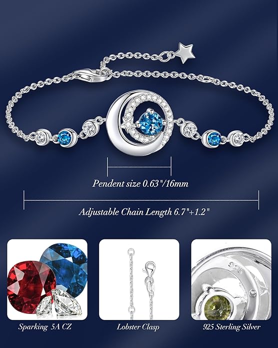 FANCIME Birthstone Bracelets 925 Sterling Silver Moon and Star Bangle Charm Bracelet Fine Jewelry Birthday Anniversary Christmas Day Gift for Her Women, Adjustable Chain 6.7"+1.2" Extend