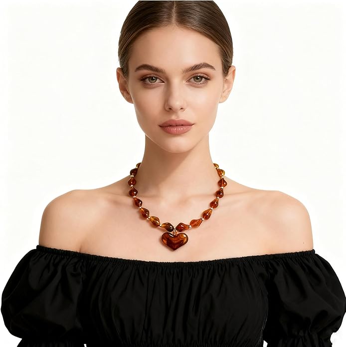 YUJIE Chunky Heart Penadnt Necklace for Women- Exaggerated Statement Puff Heart Necklace with Acrylic Beaded Chain