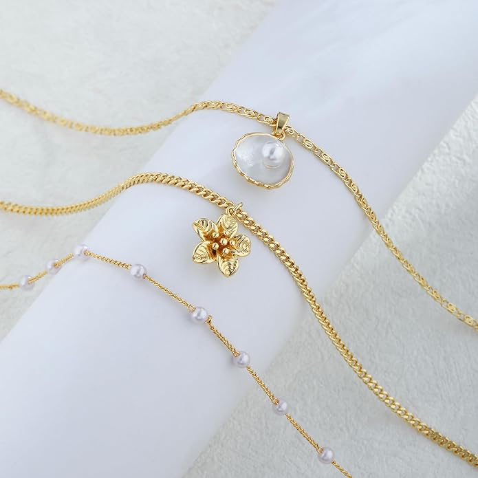 ASCOMY Gold Necklace for Women 14K Gold/Silver Plated Layered Necklaces Stackable Layering Cross Necklace Stacked Coin Pendant Pearl Herringbone Chain Stacking Gold Choker Trendy Jewelry Gift for Her