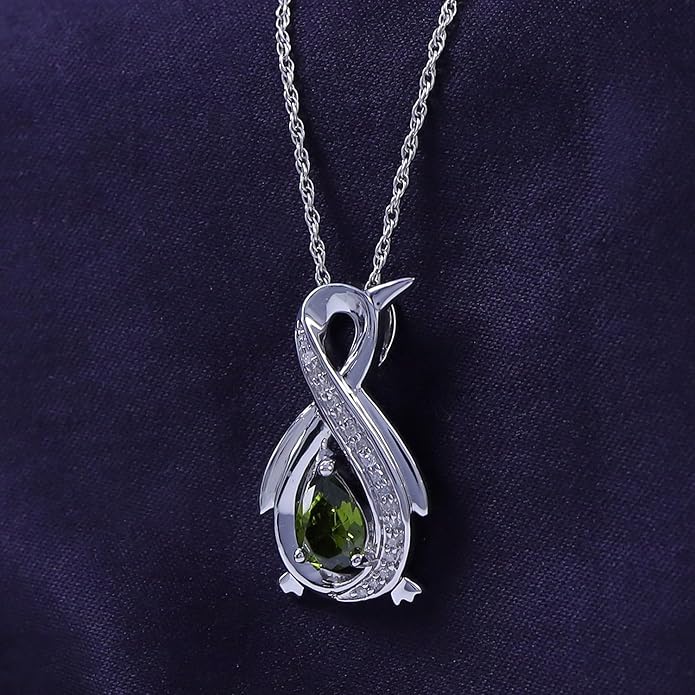 Infinity Penguin Pendant Necklace for Women, 14K Gold Over Sterling Silver with Pear & Round Cut Simulated Birthstone & White Diamond Accents, Dainty Animal Jewelry Gift with 18" Chain