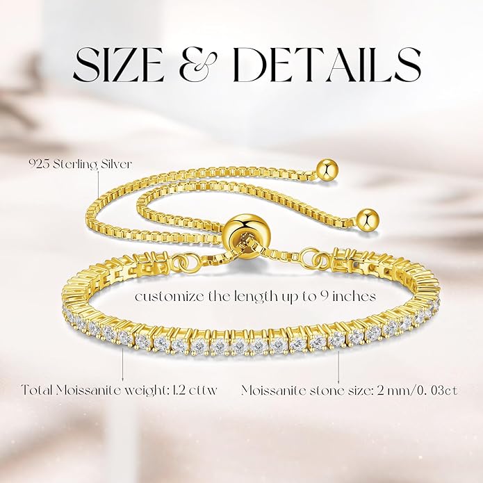 FANCIME Gold Moissanite Tennis Bracelet 1.2ct-12ct Lab Created Moissanite Diamond Bracelets,925 Sterling Silver Adjustable Bolo Tennis Bracelets, 2/3/4/5mm D Color VVS1 Round Cut Moissanite Bracelet for Women