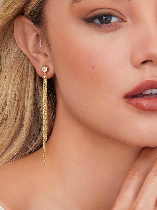 Moodear Dangle Earrings 14K Gold Plated Chain Earrings for Women Trendy Dainty Hypoallergenic Long Chain Drop Tassel CZ/Pearl Earrings Wedding Jewelry Gift