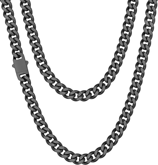 Fiusem Valentines Day Gifts for Him Silver Tone/Black/14K Gold Plated Chain Necklace for Men, 5mm/6mm/7.5mm/8mm/9mm Stainless Steel Cuban Link Chain Necklace, Men's Chains 18-28 Inch Jewelry Gifts