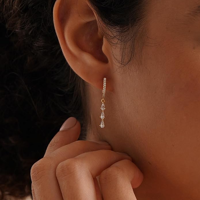 2 Pairs Gold Huggie Hoop Earrings for Women 14k Gold Plated Diamond Stud Earrings Set Drop Dangle Hypoallergenic Cubic Zirconia Flat Back Earring Gold Jewelry for Women Gift