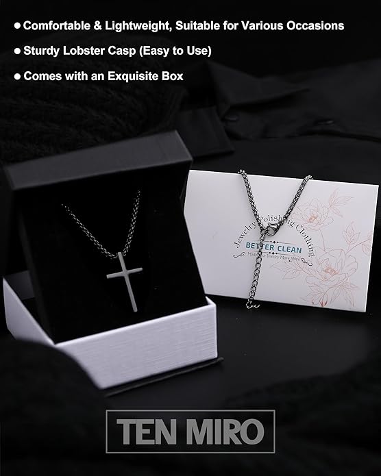 TEN MIRO Silver/Black Cross Necklace for Men Boy Stainless Steel Cross Pendant Necklace for Men Christian Religious Jewelry with Box & Card Birthday Anniversary Christmas Father's Day Gifts for Him