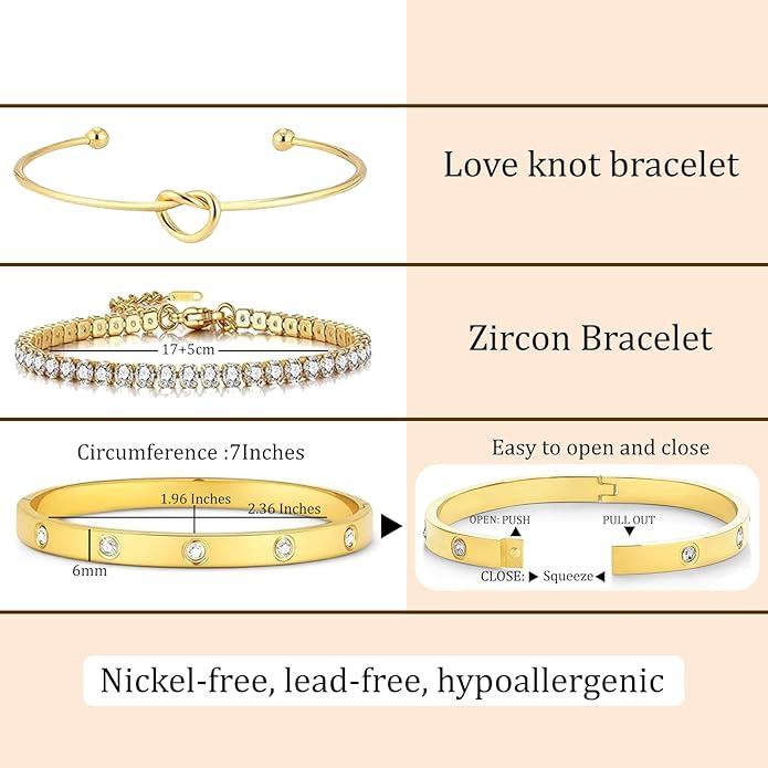 FAFUGA 18 K Gold Plated Love Bangle Bracelet Stack Cuff Jewelry for Women Jewelry Set for Women Gift with Box