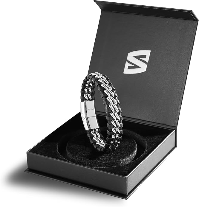 SERASAR | Premium Genuine Leather Bracelet [Steel] for Men in Black | Magnetic Stainless Steel Clasp in Black, Silver and Gold | Exclusive Jewellery Box | Great Gift Idea