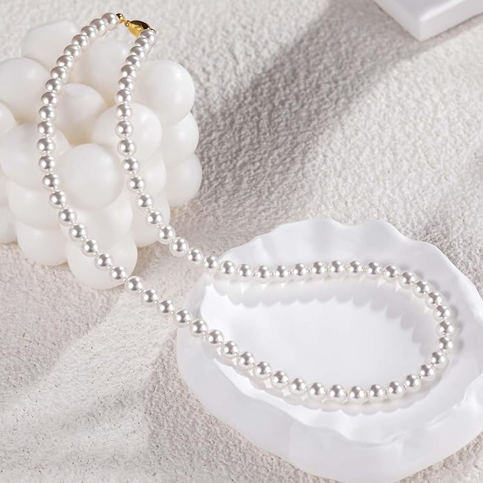 Mameloly Pearl Necklaces for Women Dainty 925 Sterling Silver 18K Gold Plated 6MM Simulated White Pearl Choker Necklace Strand for Her Engagement Wedding Birdal