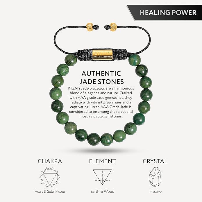RTZN Jade Bracelet for Men – Premium Artisan Handcrafted Authentic Dark Green Jade Bracelet – 8MM Beaded Stone Mens Jade Bracelets
