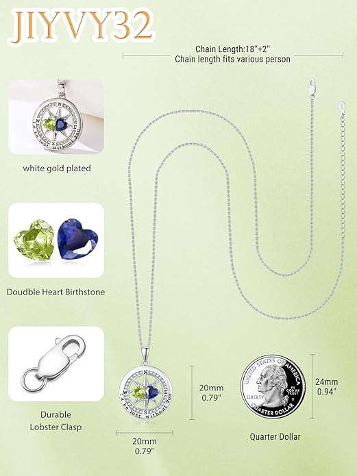Compass Birthstones Necklace for Women, Exquisite Anniversary Birthday Gifts for Wife Her Double Birthstone Pendant jewelry ‘I'd be Lost Without You’