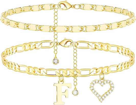 Initial Ankle Bracelets for Women Waterproof 14K Gold Plated Dainty Layered Figaro Chain Letter Initial CZ Heart Ankle Bracelets Set Summer Beach Jewelry for Women
