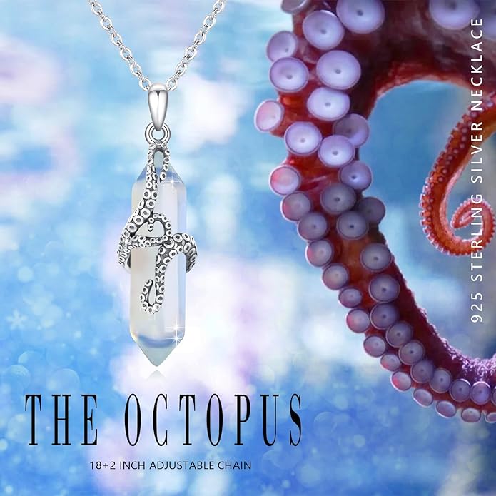 OHAYOO Octopus Tentacles Necklace 925 Sterling Silver Octopus Pendent Necklace Wrapped Obsidian Octopus Jewelry Gifts for Women