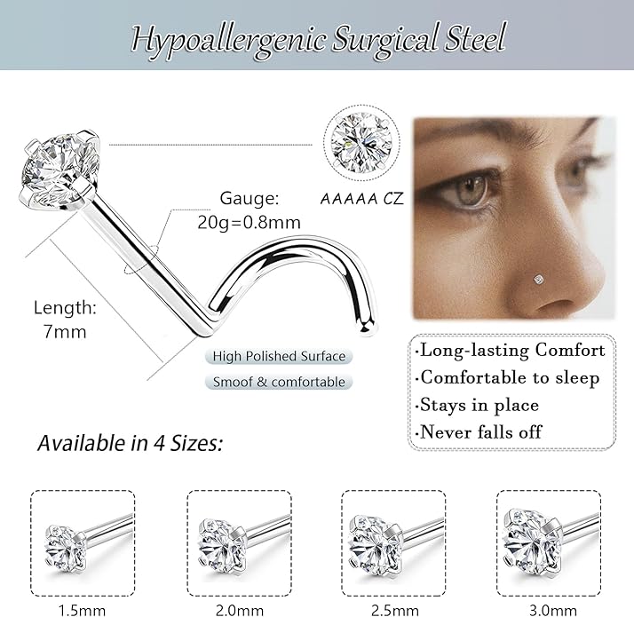 Nose Rings Studs: 8Pcs 20G Gold/Silver 316L Surgical Stainless Steel Nose Studs Hypoallergenic Corkscrew Nose Piercing Stud Jewelry for Women Men Clear Cubic Zirconia Imitation Diamond Top Size 1.5mm 2mm 2.5mm 3mm