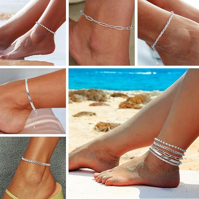 Sterling Silver Anklet Bracelets for Women Waterproof, 925 Sliver Plated CZ & Heart Charm Dainty Layer Anklets for Women Trendy, Simple Chain Anklets Set Gifts for Women, Jewelry Gifts for Her Women Mom Wife Girlfriend