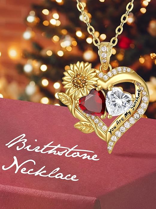 Sunflower Heart Necklace for Women 14K Gold Exquisite Anniversary Birthday Gifts for Wife Mother Her Double Birthstone Pendant jewelry‘You Are My Sunshine’